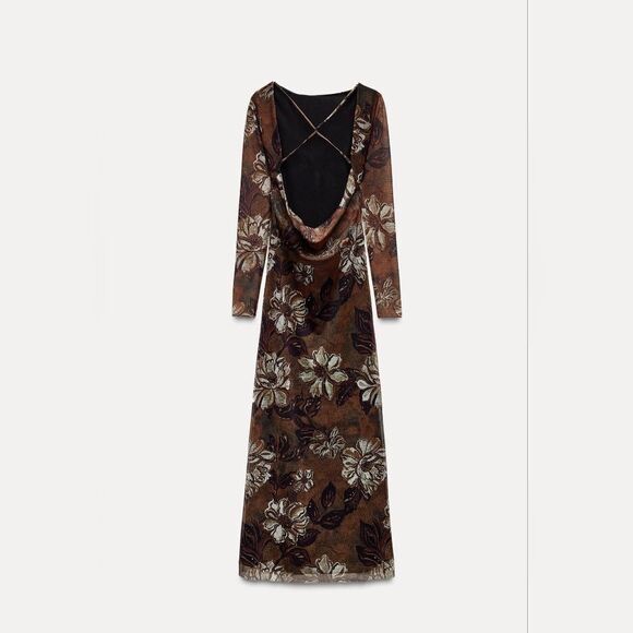 NWT ZARA PRINTED TULLEβDRESS Brown Winter Floral - Picture 7 of 12